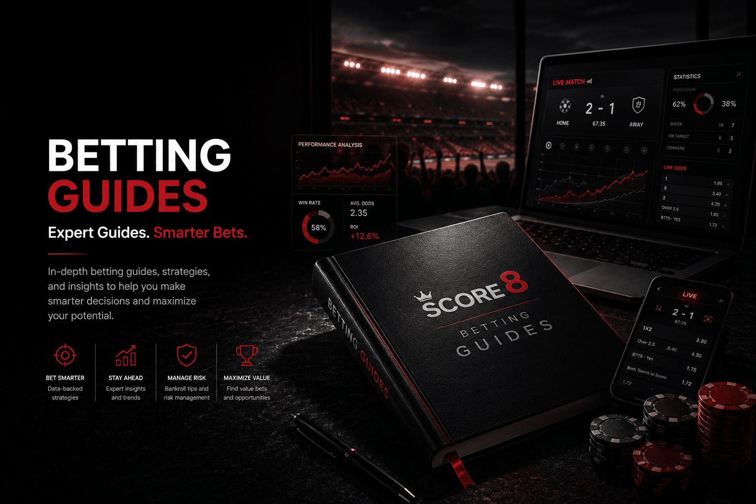 Score8 Betting Guides branded illustration with a football-themed desk scene